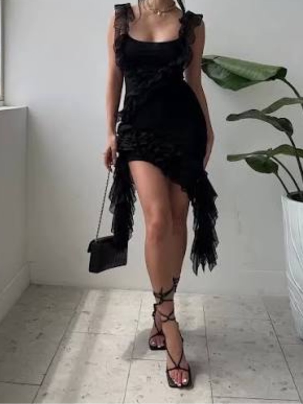 Black Asymmetrical Ruffle Bodycon Dress